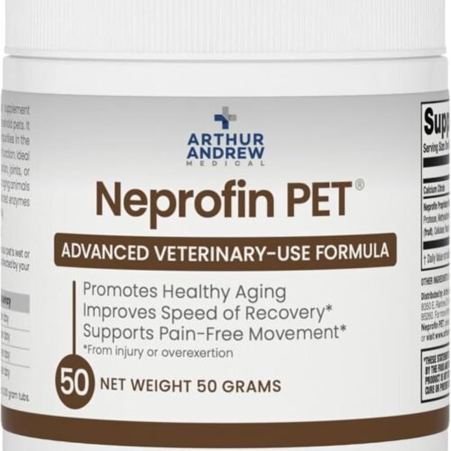Arthur Andrew Medical Neprofin PET systemic enzyme supplement with serrapeptase and bromelain for joint comfort and healthy aging in household pets.