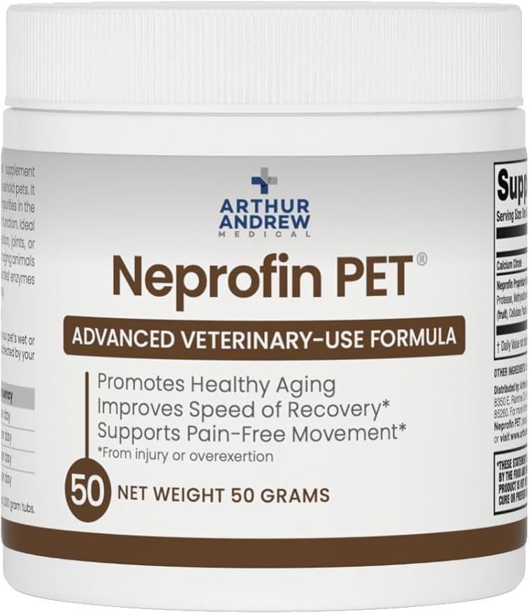 Arthur Andrew Medical Neprofin PET systemic enzyme supplement with serrapeptase and bromelain for joint comfort and healthy aging in household pets.