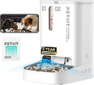 PETKIT automatic pet feeder for cats and dogs with 1080P HD camera, AI motion detection, night vision, 2.4GHz WiFi, and two-way audio.