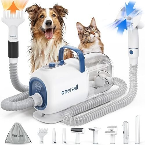 oneisall 8-in-1 dog grooming kit with vacuum, blower, metal-blade clippers, adjustable temperature and air-speed controls, and storage bag.
