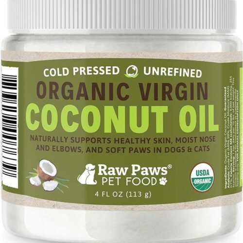 Raw Paws organic virgin coconut oil for dogs and cats for dry nose, paw and skin care, hot spot support, and cat hairball care.