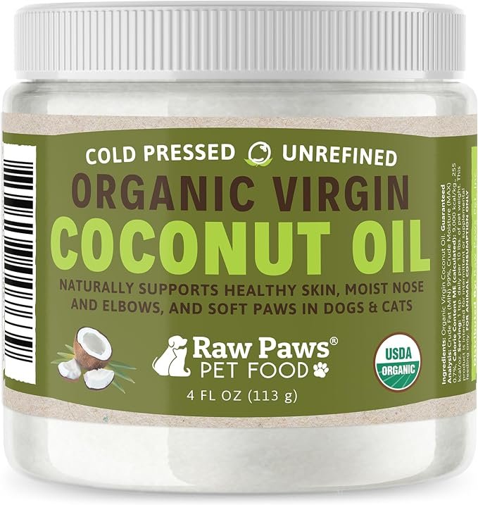 Raw Paws organic virgin coconut oil for dogs and cats for dry nose, paw and skin care, hot spot support, and cat hairball care.