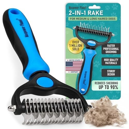 Maxpower Planet blue double-sided extra-wide grooming rake for dogs and cats with long or thick coats.