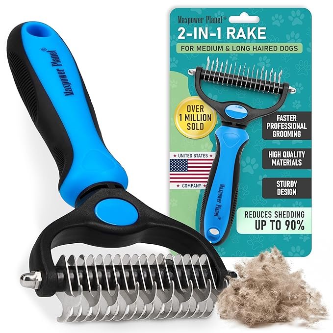 Maxpower Planet blue double-sided extra-wide grooming rake for dogs and cats with long or thick coats.