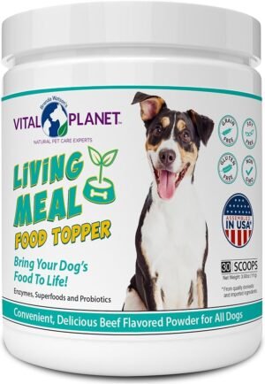 Vital Planet Pet Living Meal is a powdered dog Vital Planet Pet Living Meal powdered supplement for dogs with superfoods, digestive enzymes, and probiotics, 3.92-ounce container with 30 servings.