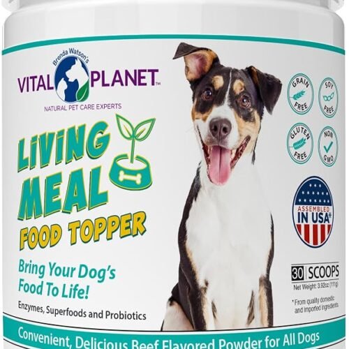 Vital Planet Pet Living Meal powdered supplement for dogs with superfoods, digestive enzymes, and probiotics, 3.92-ounce container with 30 servings.