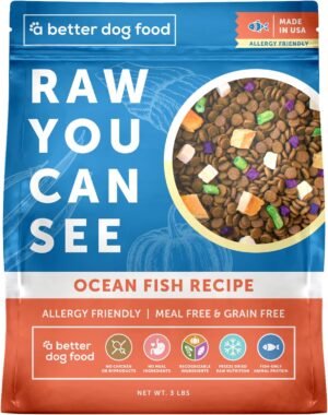 A Better Treat Ocean Blend dry dog A Better Treat Ocean Blend dry dog food made with fish as the only animal protein, without chicken, grains, or flour ingredients.