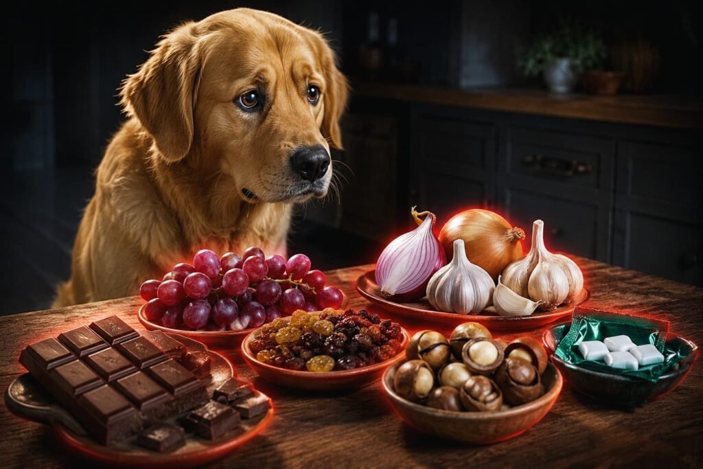 Golden retriever beside common human foods that can be dangerous for dogs
