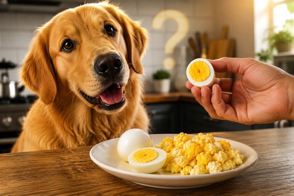 Golden retriever looking at cooked eggs while wondering if dogs can eat eggs every day