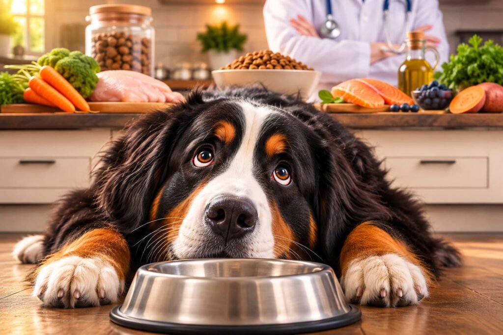 Hungry Labrador Retriever staring at an empty food bowl and asking for more food