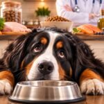 Hungry Labrador Retriever staring at an empty food bowl and asking for more food