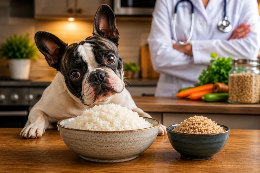 Golden retriever looking at a bowl of cooked white rice and brown rice