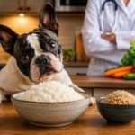 Golden retriever looking at a bowl of cooked white rice and brown rice