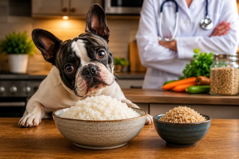 Golden retriever looking at a bowl of cooked white rice and brown rice