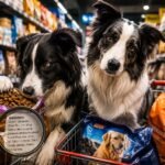 Two Border Collies examining dog food ingredients in a pet supermarket