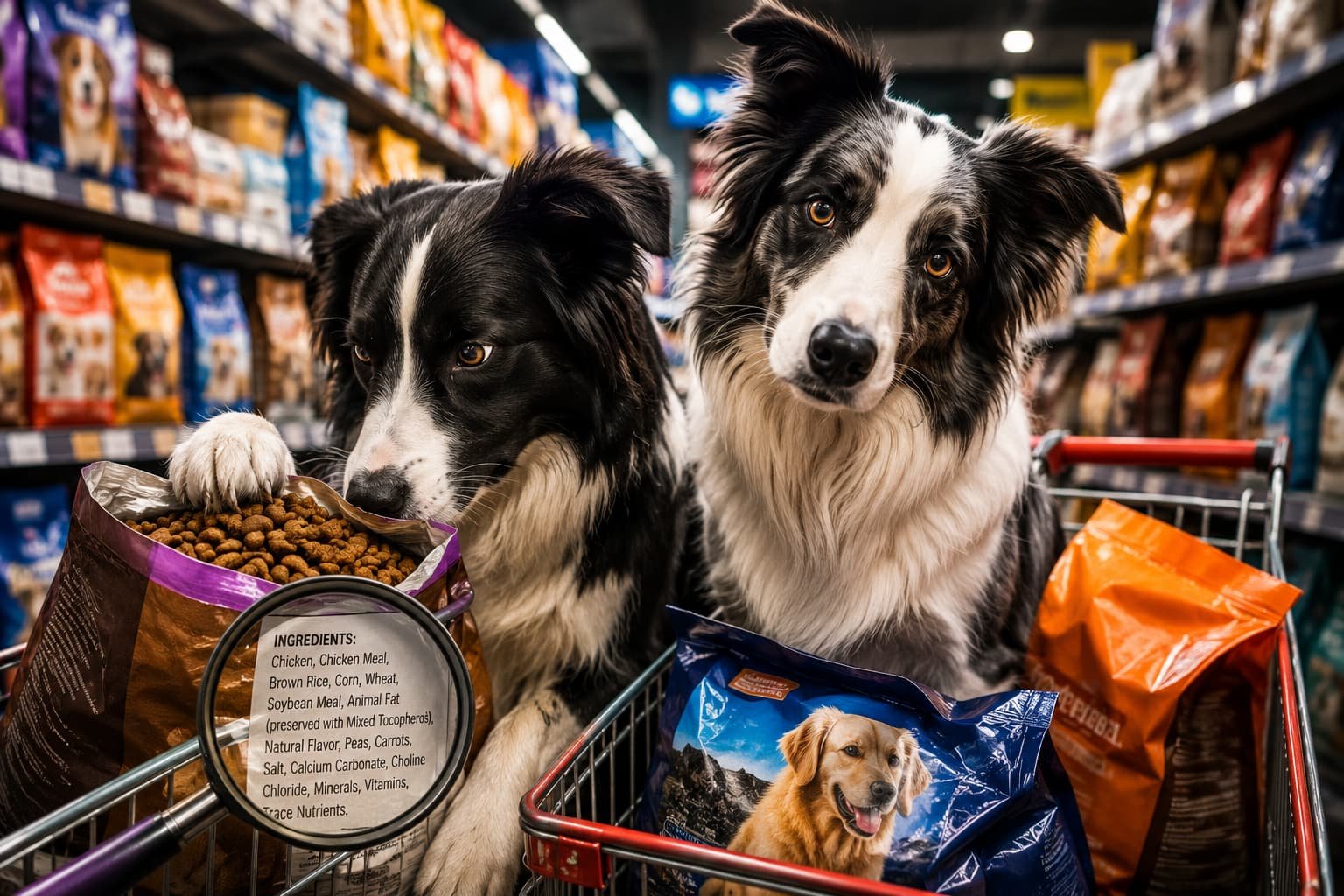 Two Border Collies examining dog food ingredients in a pet supermarket