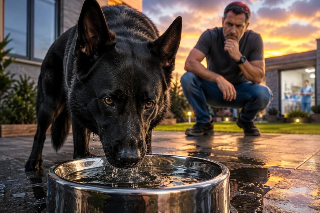 Black German Shepherd drinking excessive amounts of water while a concerned owner watches