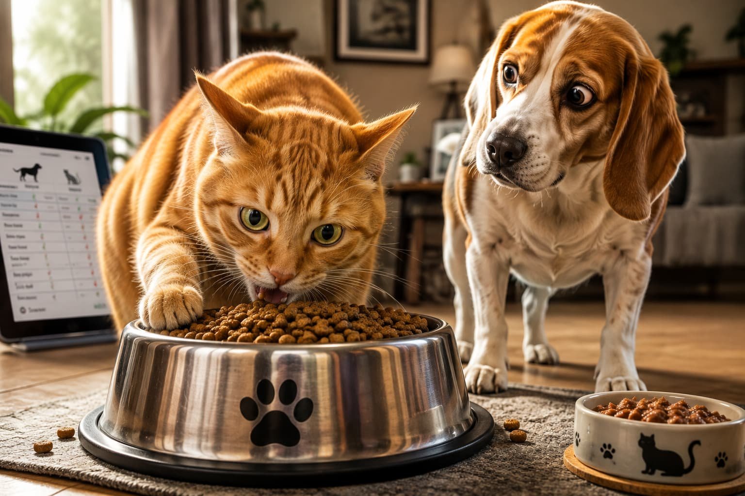 Orange tabby cat eating from a Beagle's dog food bowl