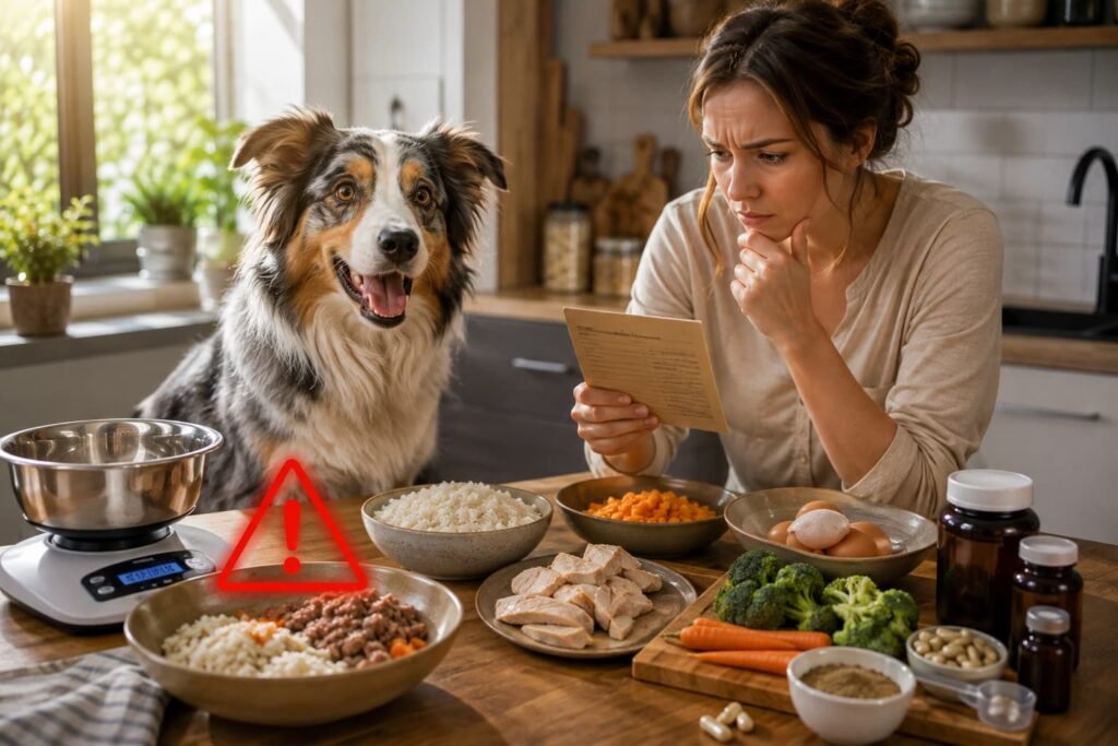 Australian Shepherd beside homemade dog food ingredients and a recipe being carefully checked
