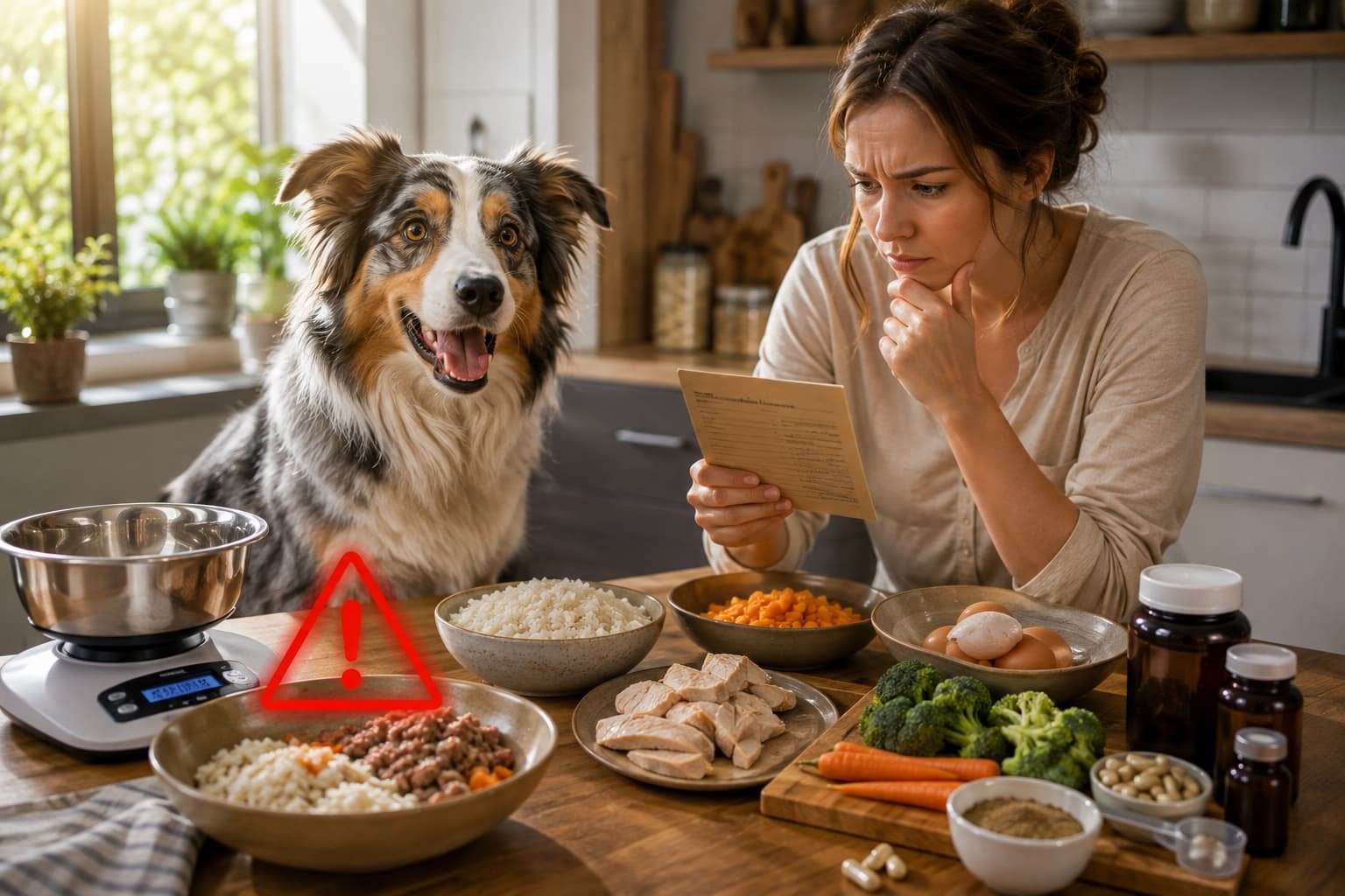 Australian Shepherd beside homemade dog food ingredients and a recipe being carefully checked