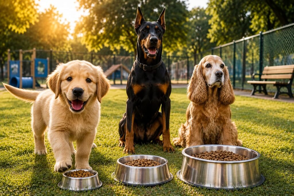 Puppy, adult dog, and senior dog beside food bowls showing different feeding needs