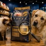 Siamese cat and Labrador Retriever examining a pet food nutrition label