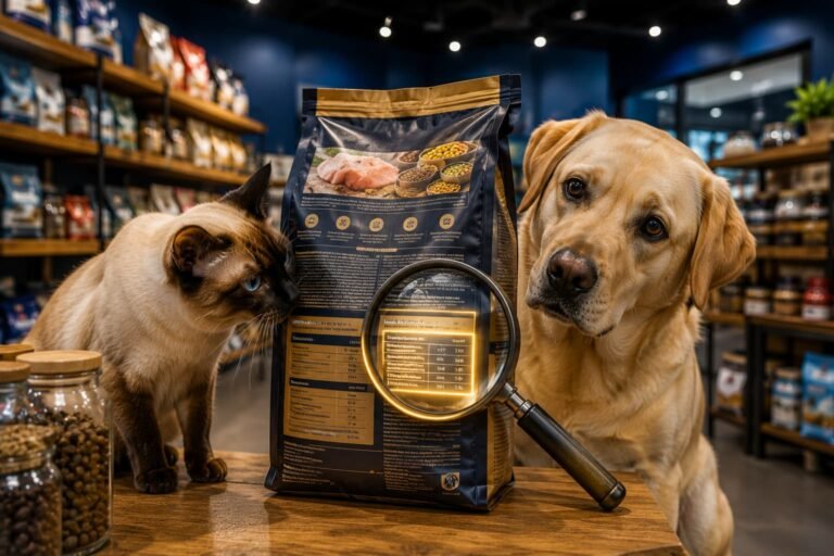 Siamese cat and Labrador Retriever examining a pet food nutrition label